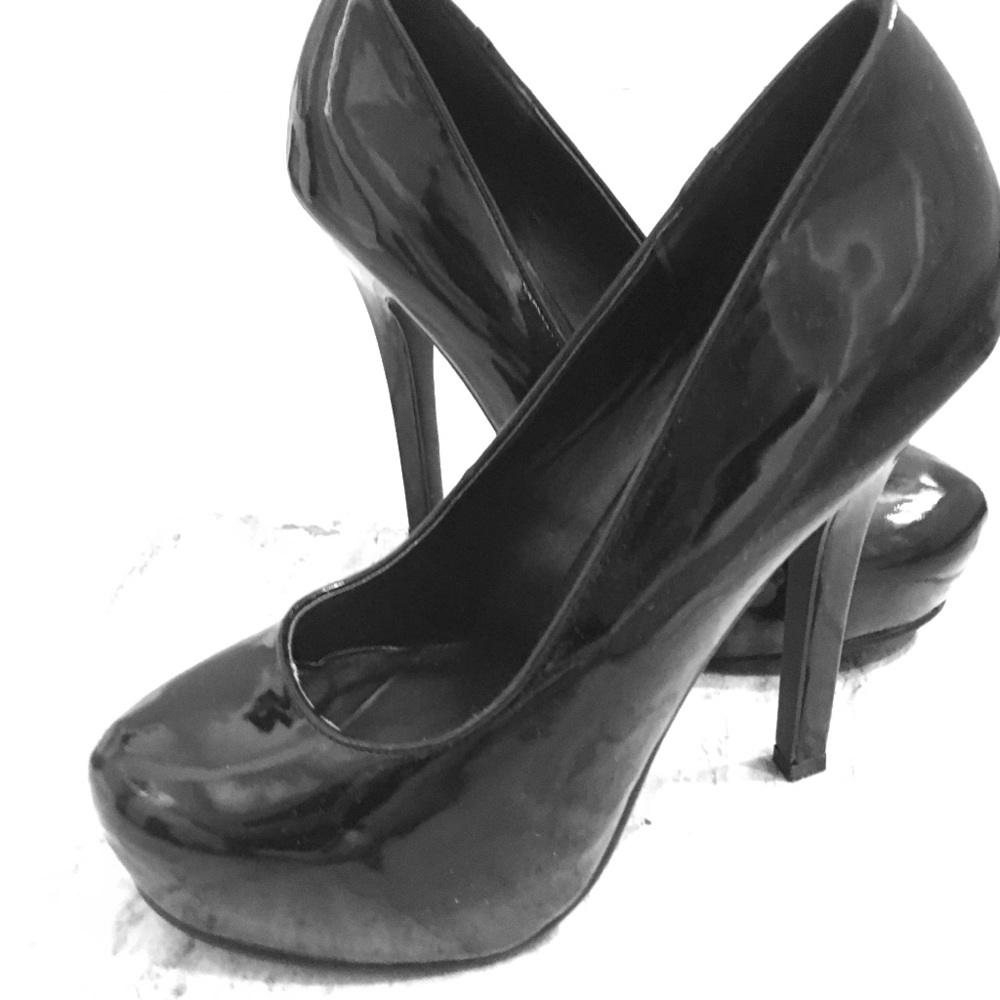 Black patent leather platform stilettos